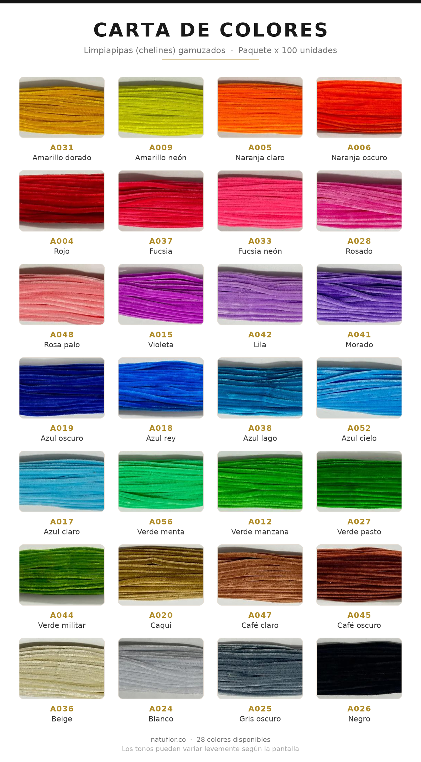Carta de colores - Limpiapipas chelines gamuzados Natuflor - 28 colores disponibles