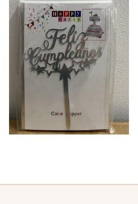 Topper Feliz Cumpleaños estrellas plateado